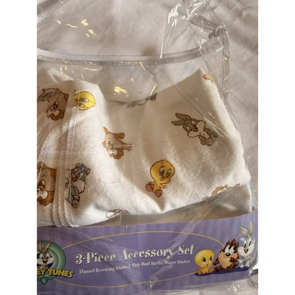 Vintage Y2K Baby Looney Tunes Patchwork Receiving Blanket & Crib Dust Ruffle Set